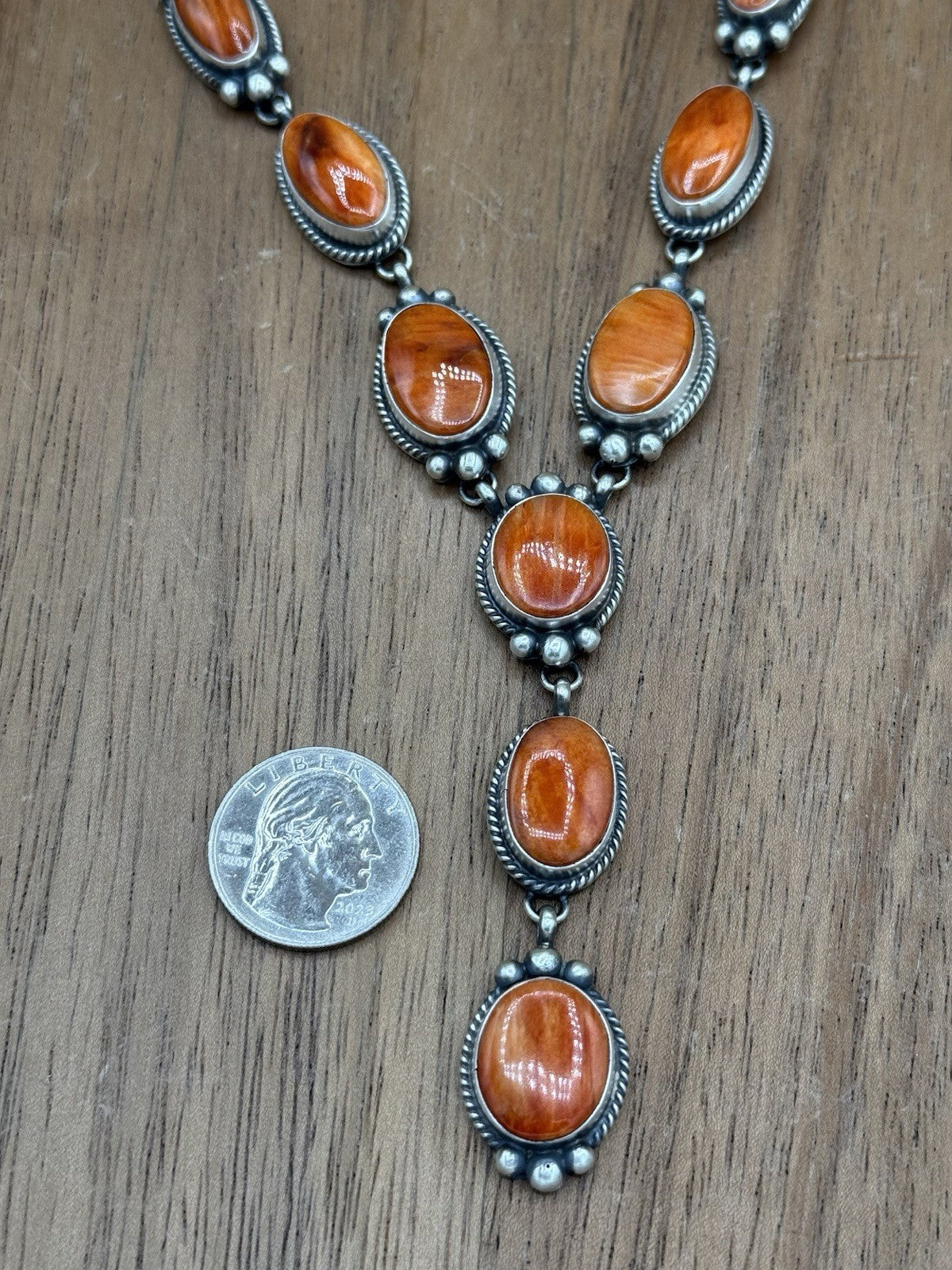 Navajo Handmade Sterling Silver Orange Spiny Oyster Lariat Necklace Set 20”