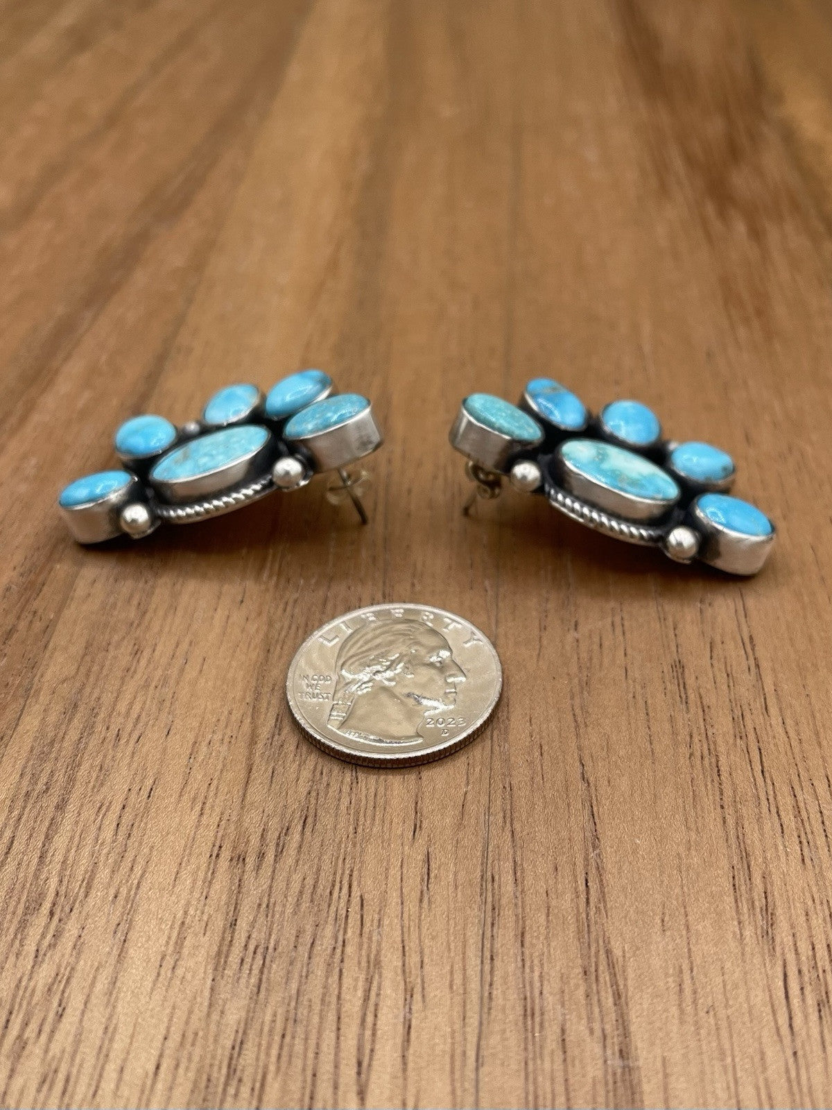 Navajo Handmade Sterling Silver Kingman Turquoise Half Cluster Earrings Tricia S