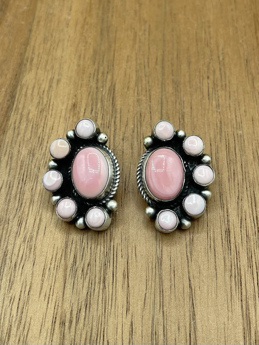 Navajo Handmade Sterling Silver Pink Conch Half Cluster Earrings By Tricia Smith