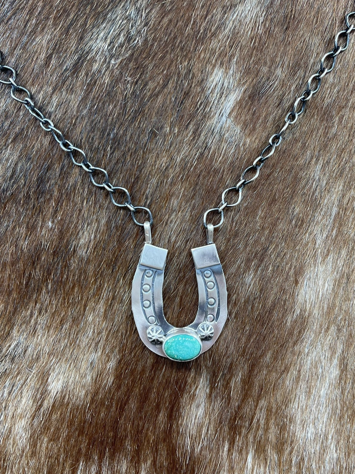 Navajo Handmade Sterling Silver Sonoran Gold Turquoise Horseshoe Necklace 18”