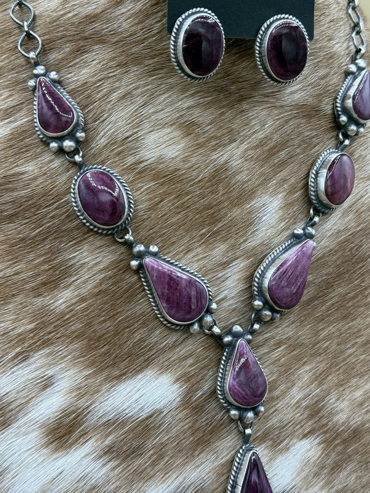 Navajo Handmade Sterling Silver Purple Spiny Oyster Lariat Necklace Set 20”