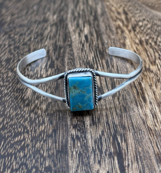 Navajo Handmade Sterling Silver Kingman Turquoise Stacker Old Look Bracelet