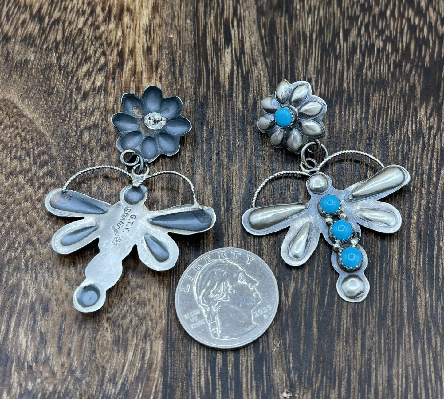 Navajo Handmade Sterling Silver Kingman Turquoise Dragonfly Post Dangle Earrings