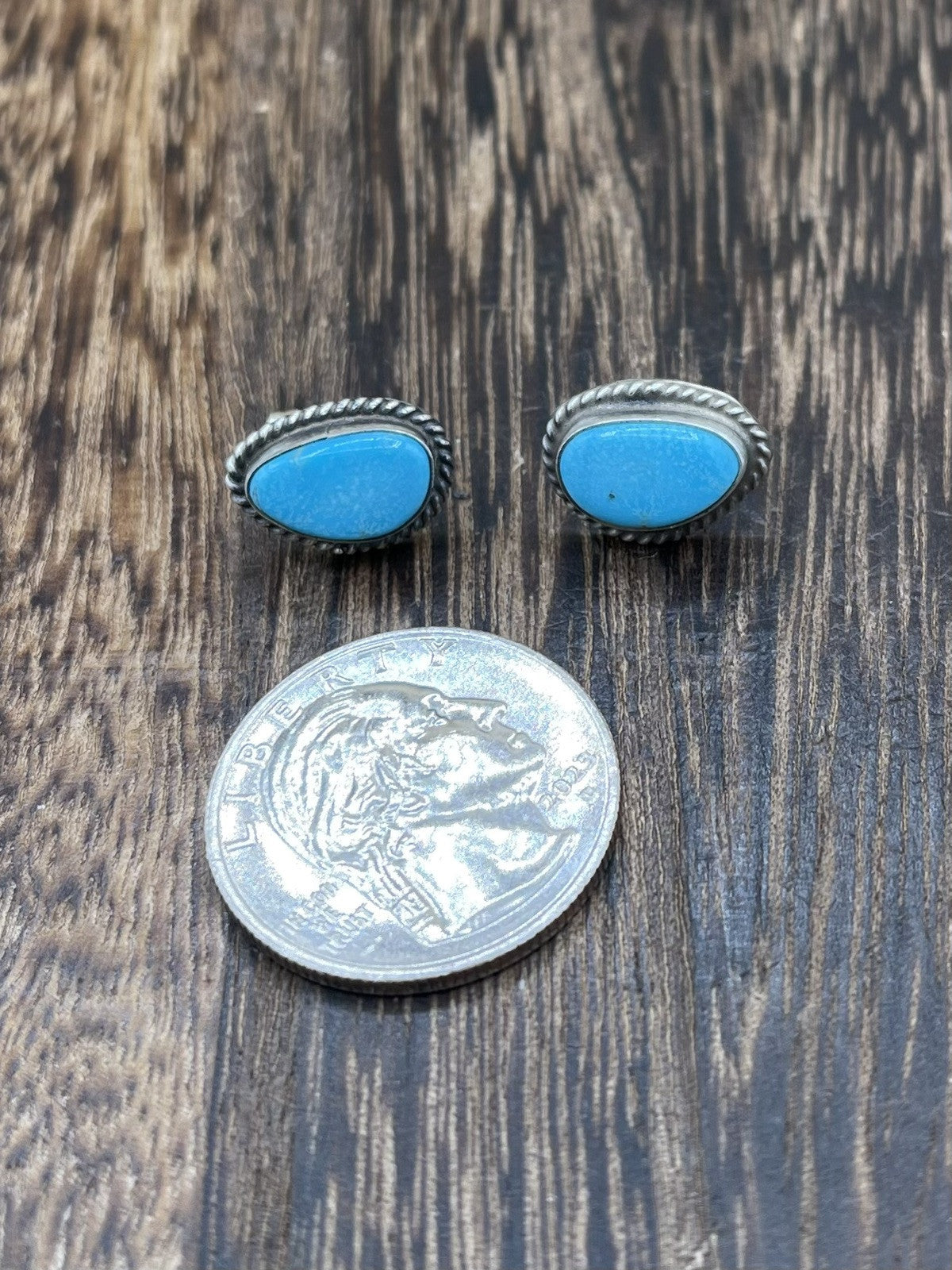 Navajo Handmade Sterling Silver Kingman Turquoise Post Stud Earrings Byron Begay