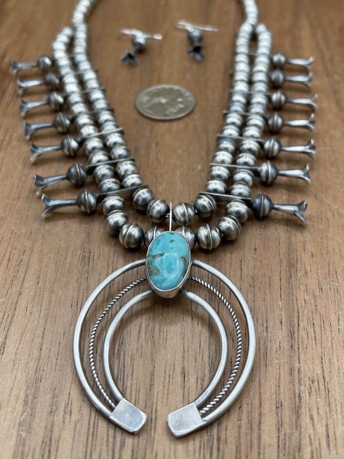 Native American Navajo Handmade Silver Kingman Turquoise Squash Blossom Set 18”