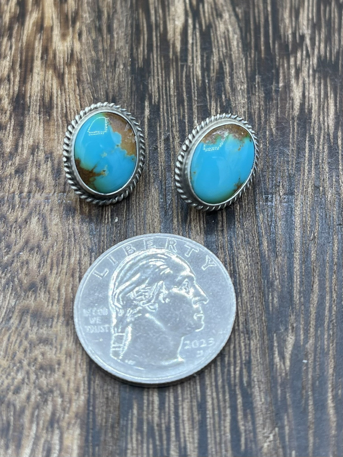 Navajo Handmade Sterling Silver Kingman Turquoise Post Stud Earrings Byron Begay