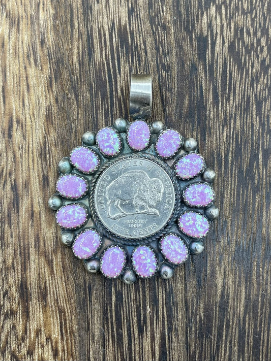 Navajo Handmade Sterling Silver Pink Opal Cluster Buffalo Coin Pendant By Phil G