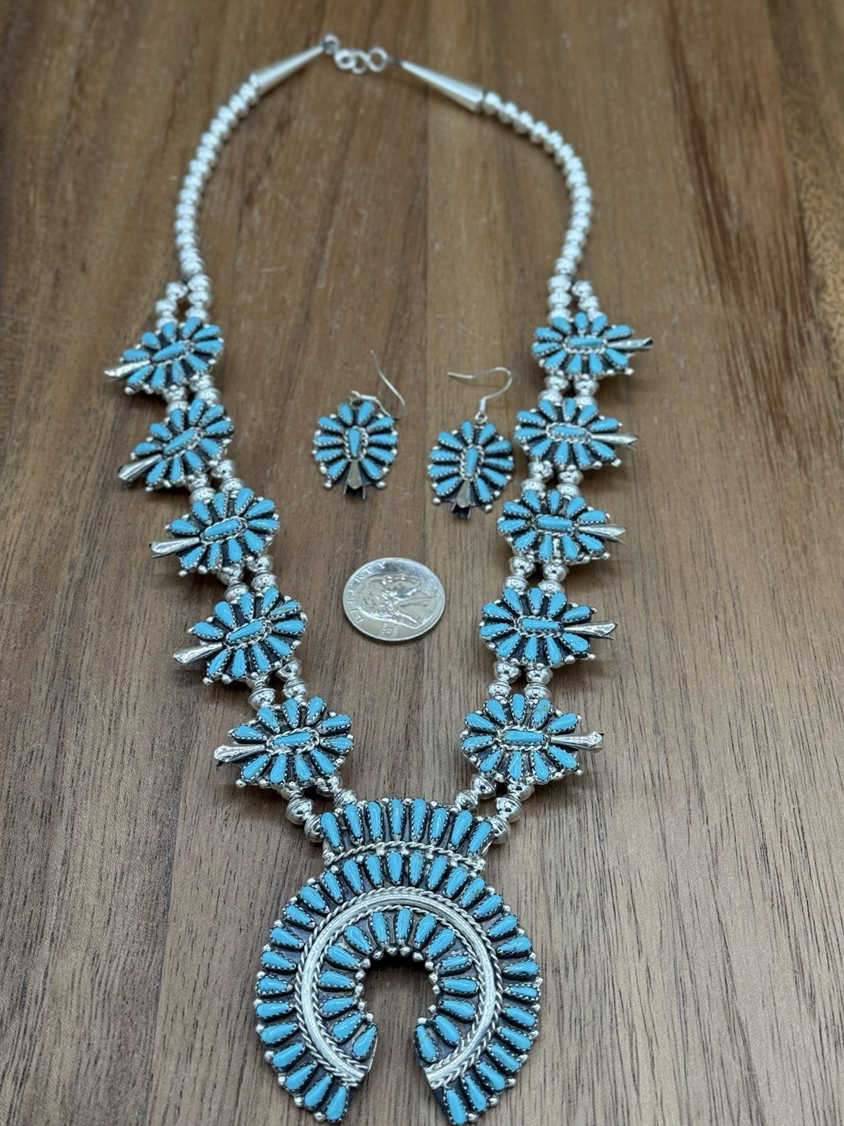 Navajo Handmade Sterling Silver Turquoise Squash Blossom Necklace 22” Mathilda B