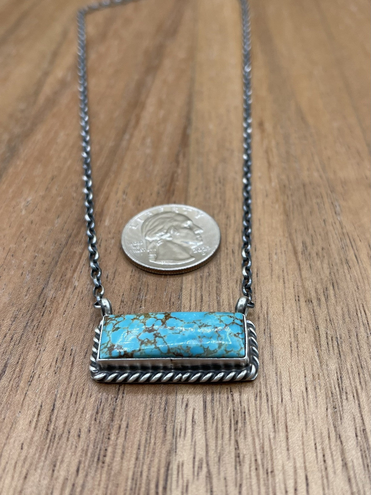 Navajo Handmade Sterling Silver #8 Turquoise Bar Necklace 18” by Augustine Largo