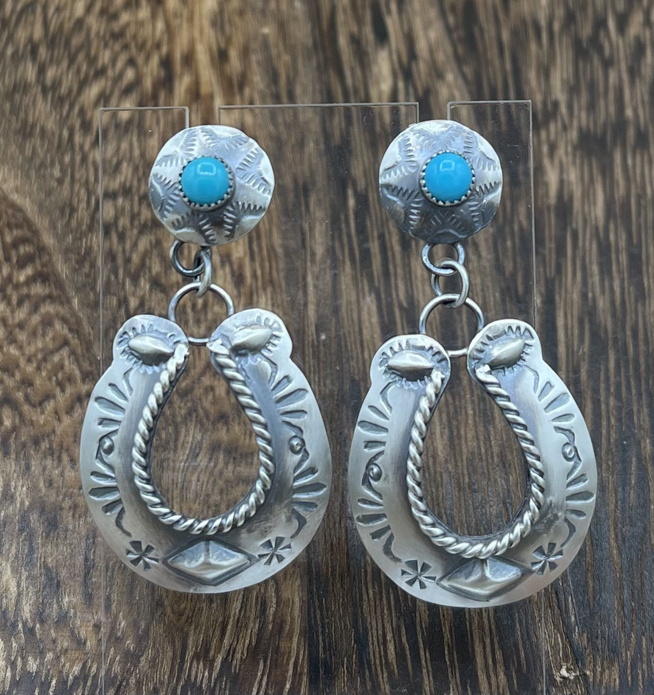 Navajo Handmade Sterling Silver Kingman Turquoise Old Look Horse Shoe Earrings