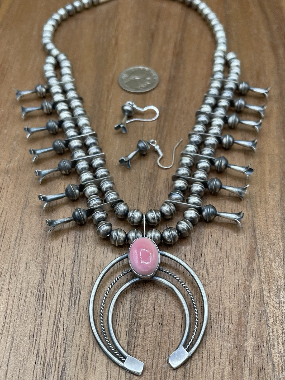 Native American Navajo Handmade Sterling Silver Pink Conch Squash Blossom 18”