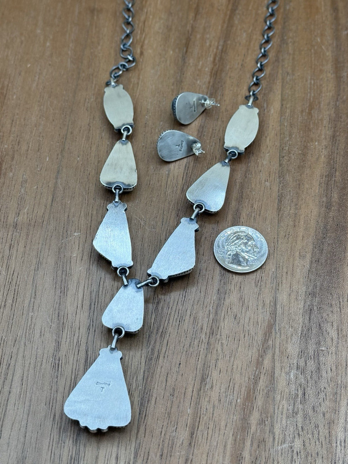 Navajo Handmade Sterling Silver Blue Glacier Turquoise Lariat Necklace Set 20”