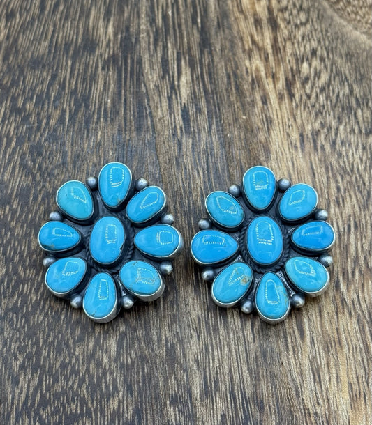 Navajo Handmade Sterling Silver Kingman Turquoise Cluster Earrings Tricia Smith