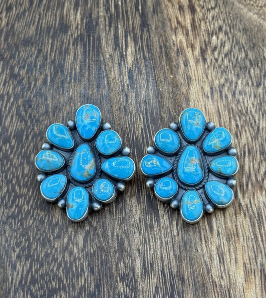 Navajo Handmade Sterling Silver Kingman Turquoise Cluster Earrings Tricia Smith