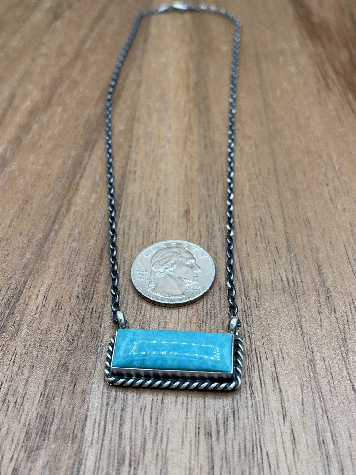 Navajo Handmade Sterling Silver Kingman Turquoise Bar Necklace 18” Augustine L.