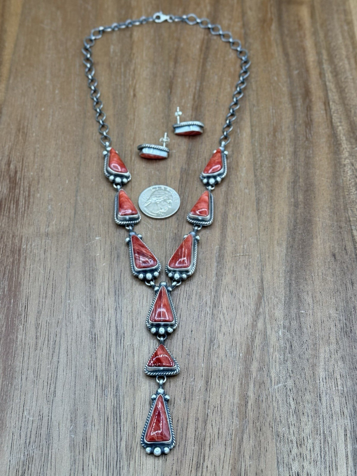 Navajo Handmade Sterling Silver Red Spiny Oyster Shell Lariat Necklace Set 20”