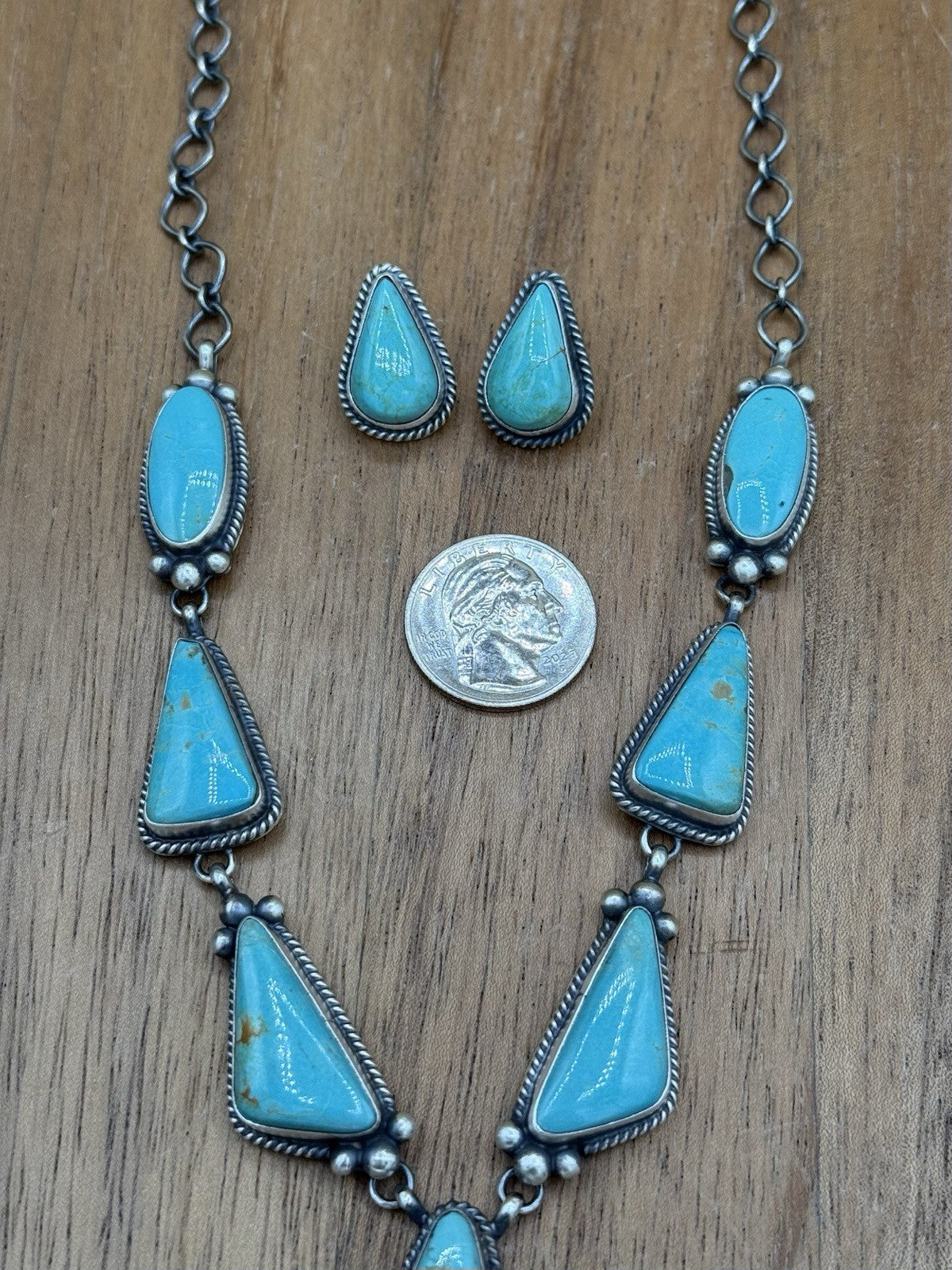Navajo Handmade Sterling Silver Blue Glacier Turquoise Lariat Necklace Set 20”