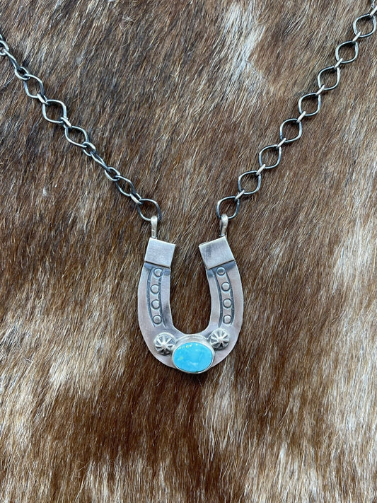 Navajo Handmade Sterling Silver Kingman Turquoise Horseshoe Bar Necklace 18”