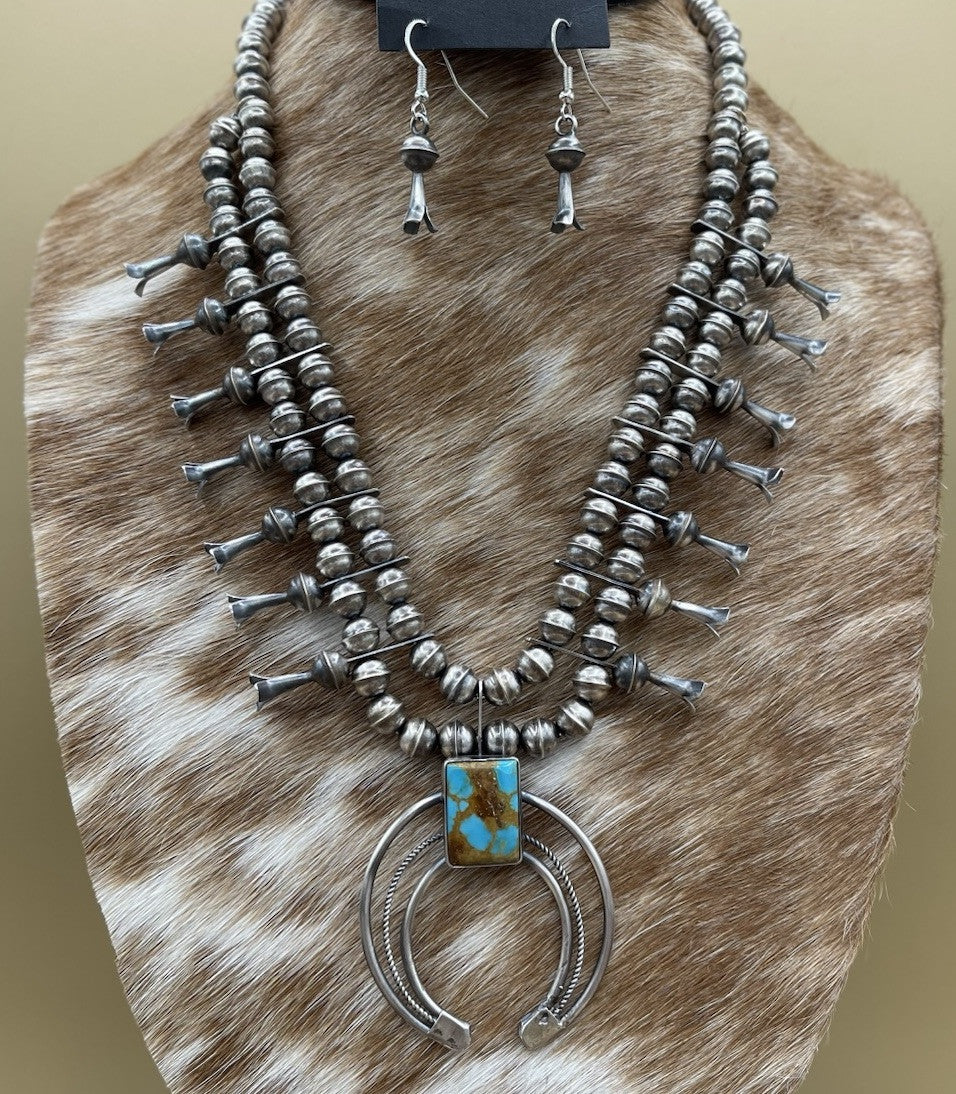 Native American Navajo Handmade Silver Royston Turquoise Squash Blossom Set 18”