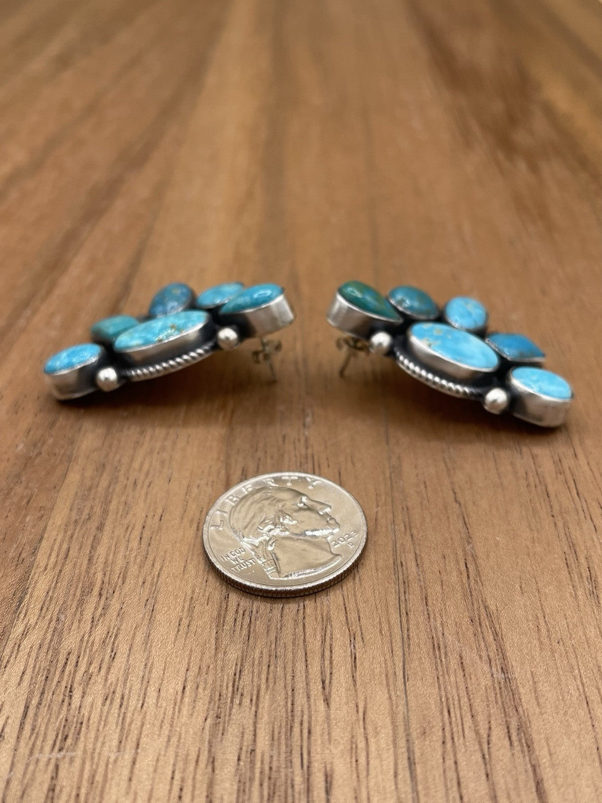 Navajo Handmade Sterling Silver Kingman Turquoise Half Cluster Earrings Tricia S