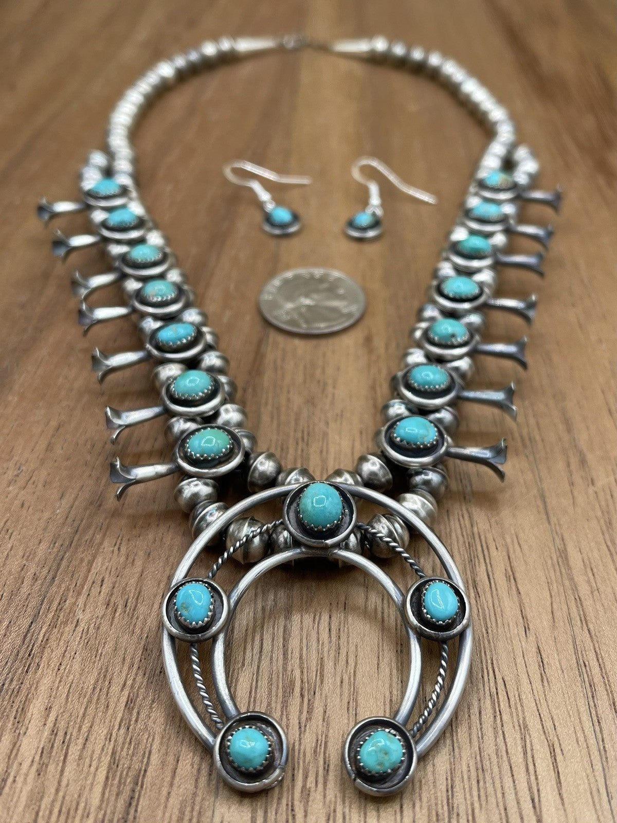 Navajo Handmade Sterling Silver Turquoise Shadowbox Squash Blossom Necklace 19”