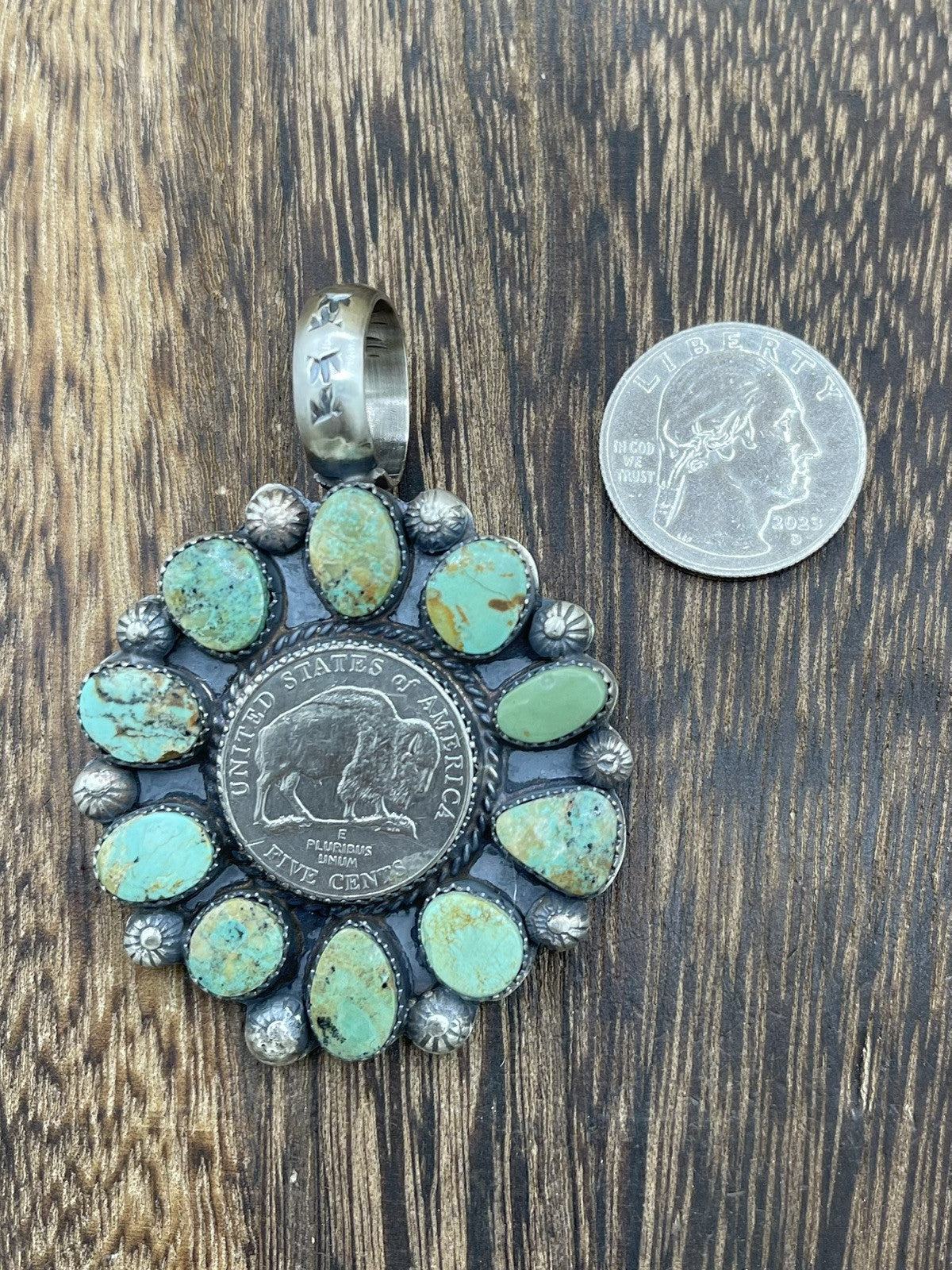 Navajo Handmade Sterling Silver Royston Turquoise Cluster Buffalo Coin Pendant