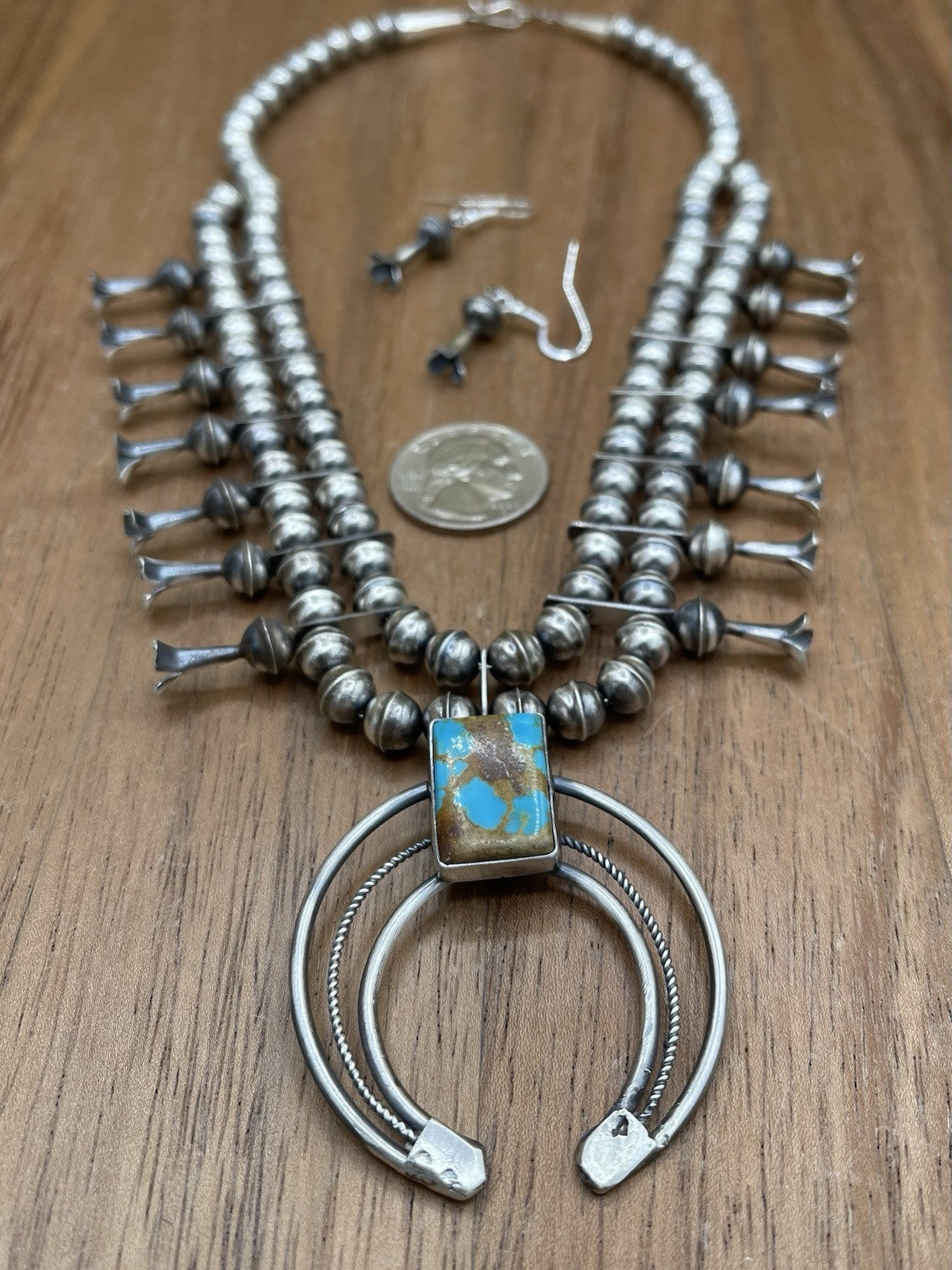 Native American Navajo Handmade Silver Royston Turquoise Squash Blossom Set 18”