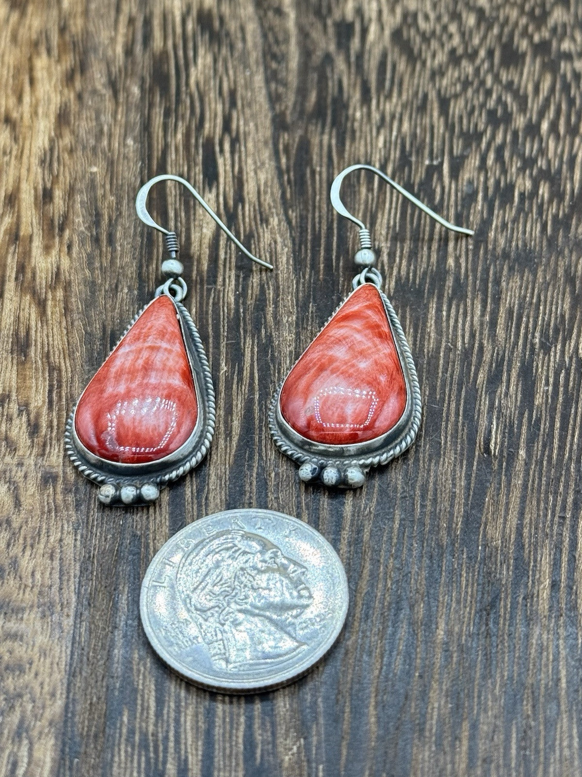 Navajo Handmade Sterling Silver Red Spiny Oyster Dangle Earrings By Byron Begay