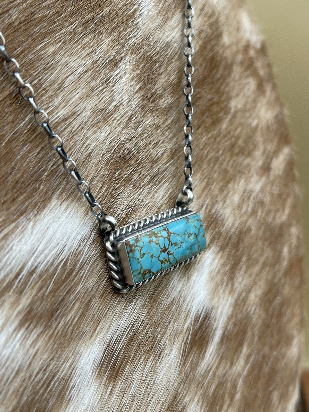 Navajo Handmade Sterling Silver #8 Turquoise Bar Necklace 18” by Augustine Largo