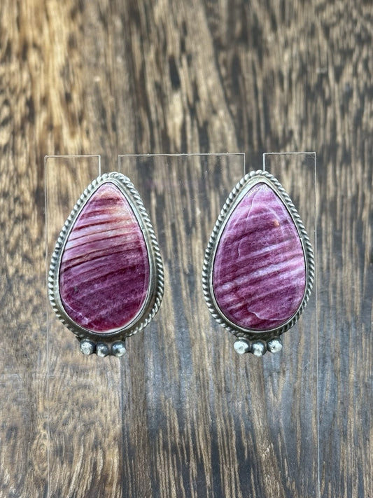 Navajo Handmade Sterling Silver Purple Spiny Oyster Post Earrings By Byron Begay