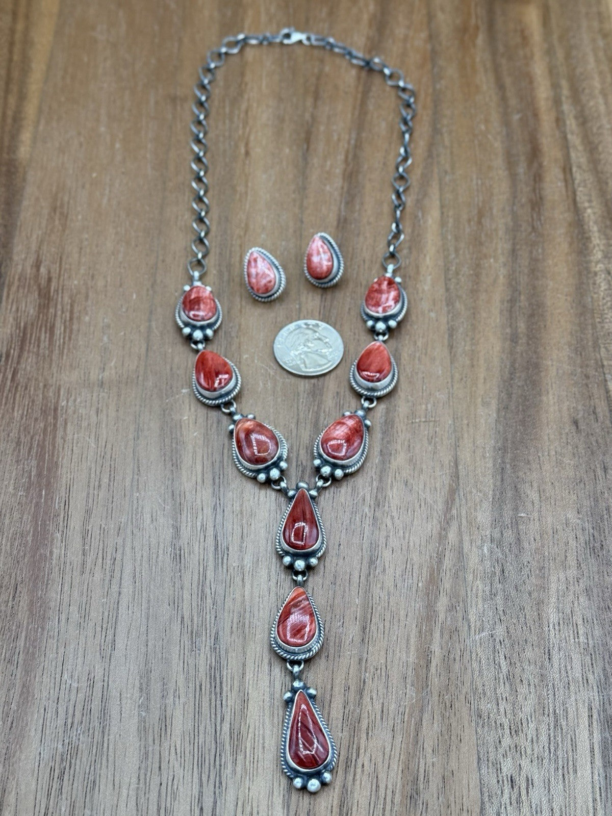 Navajo Handmade Sterling Silver Red Spiny Oyster Shell Lariat Necklace Set 20”