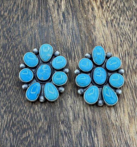 Navajo Handmade Sterling Silver Kingman Turquoise Cluster Earrings Tricia Smith