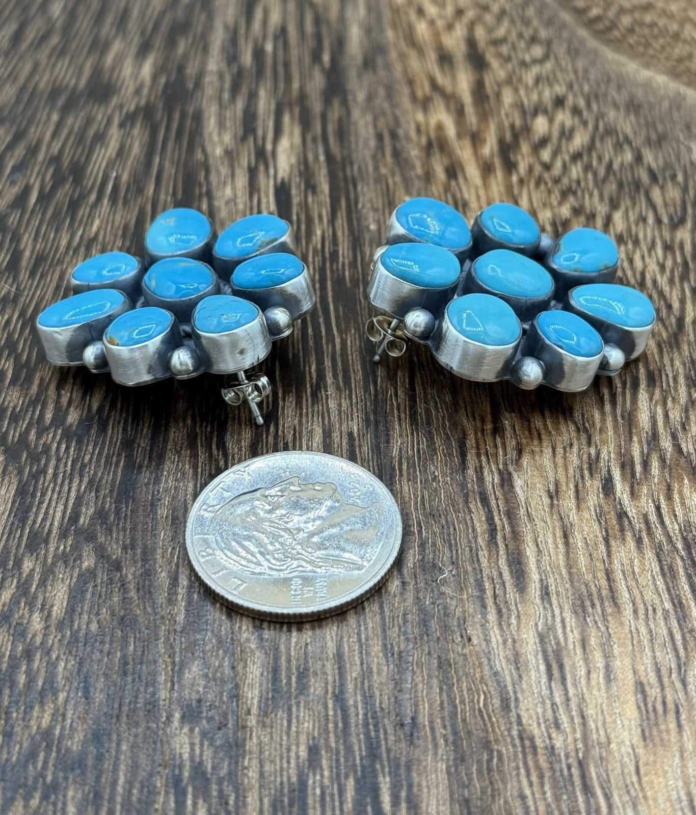 Navajo Handmade Sterling Silver Kingman Turquoise Cluster Earrings Tricia Smith