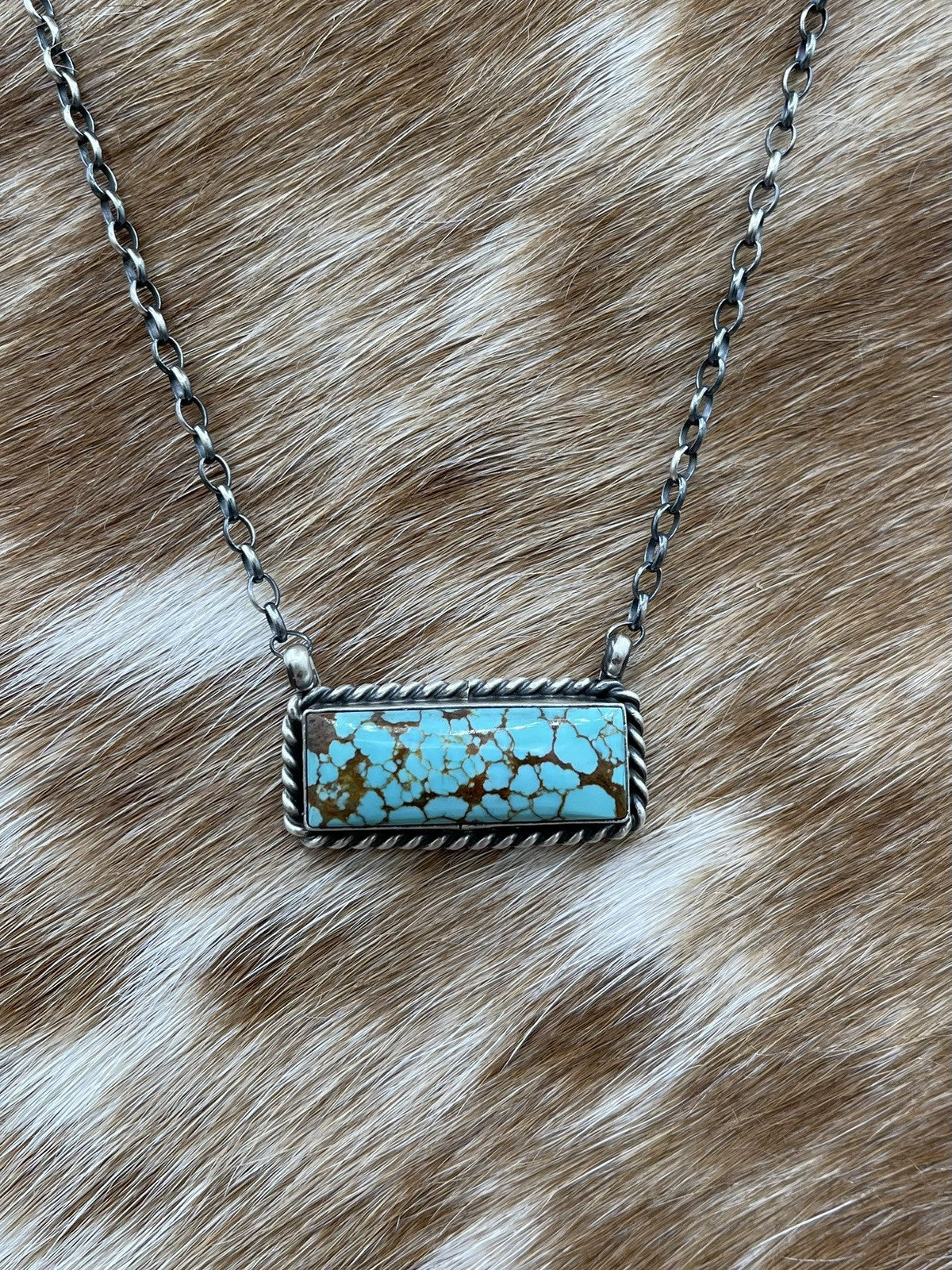 Navajo Handmade Sterling Silver #8 Turquoise Bar Necklace 18” by Augustine Largo