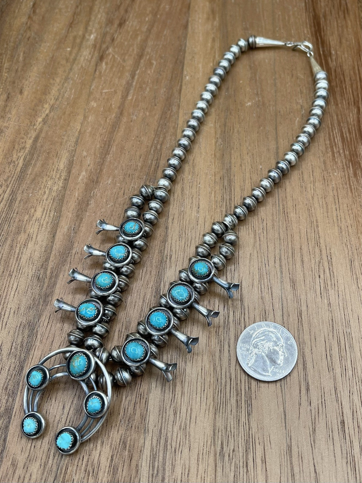 Navajo Handmade Sterling Silver Turquoise Shadowbox Squash Blossom Necklace 17”