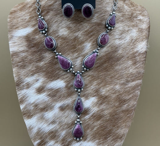 Navajo Handmade Sterling Silver Purple Spiny Oyster Lariat Necklace Set 20”