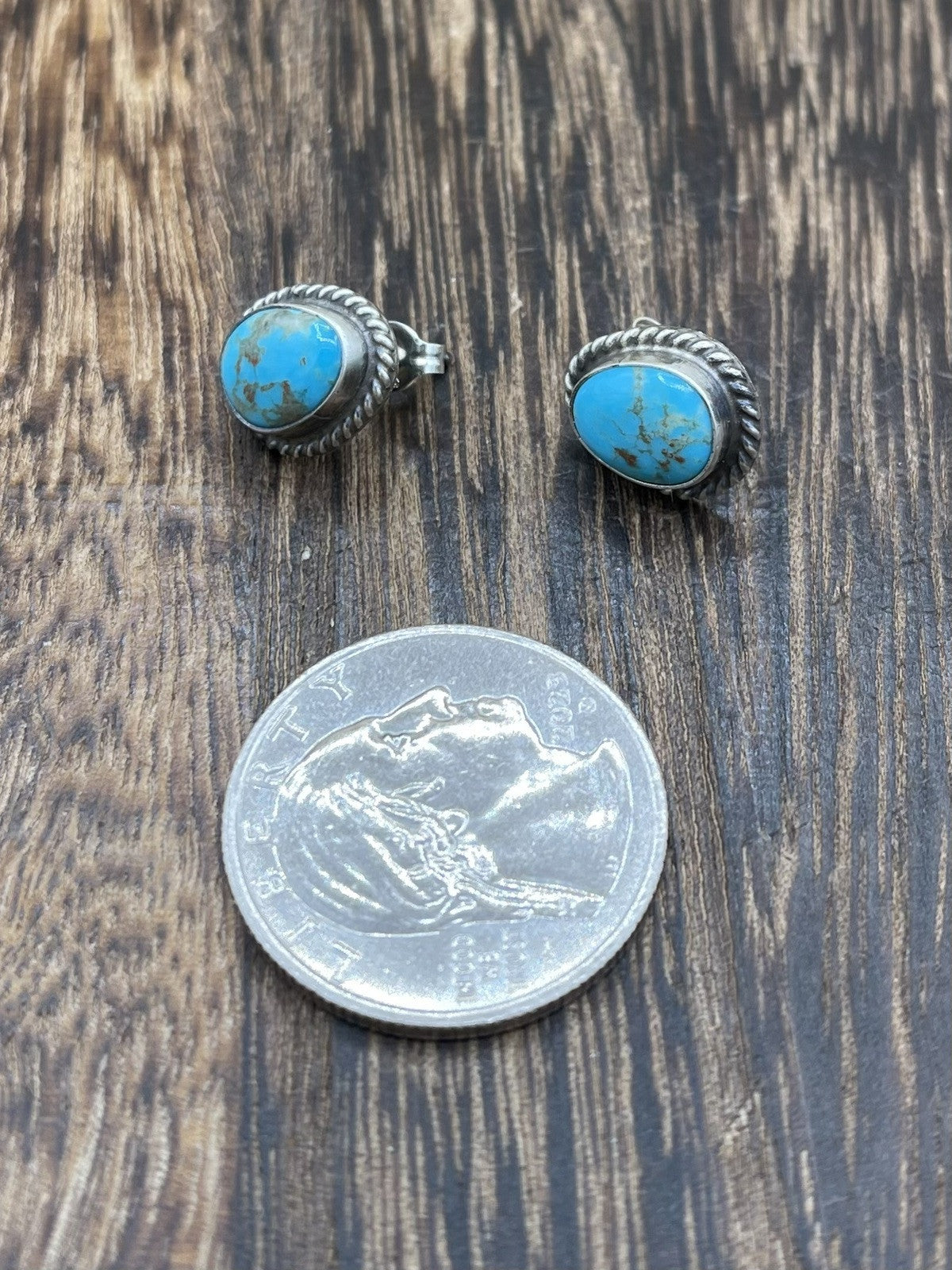 Navajo Handmade Sterling Silver Kingman Turquoise Post Stud Earrings Byron Begay