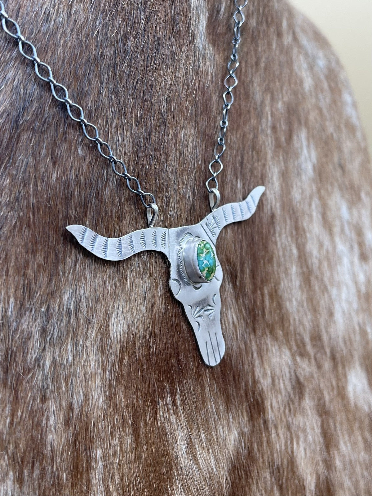 Navajo Handmade Sterling Silver Sonoran Turquoise Longhorn Necklace Betta Lee