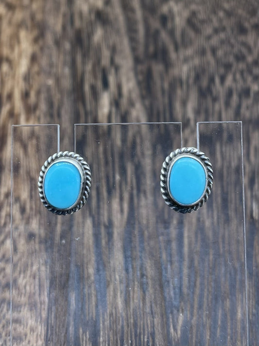 Navajo Handmade Sterling Silver Kingman Turquoise Post Stud Earrings Byron Begay