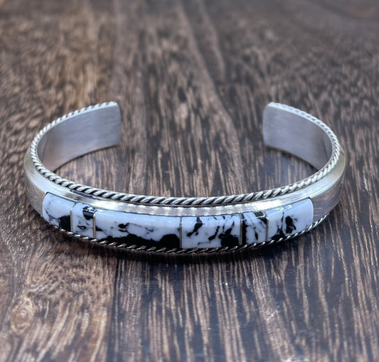 Navajo Handmade Sterling Silver White Buffalo Inlay Cuff Bracelet Francis Yazzie