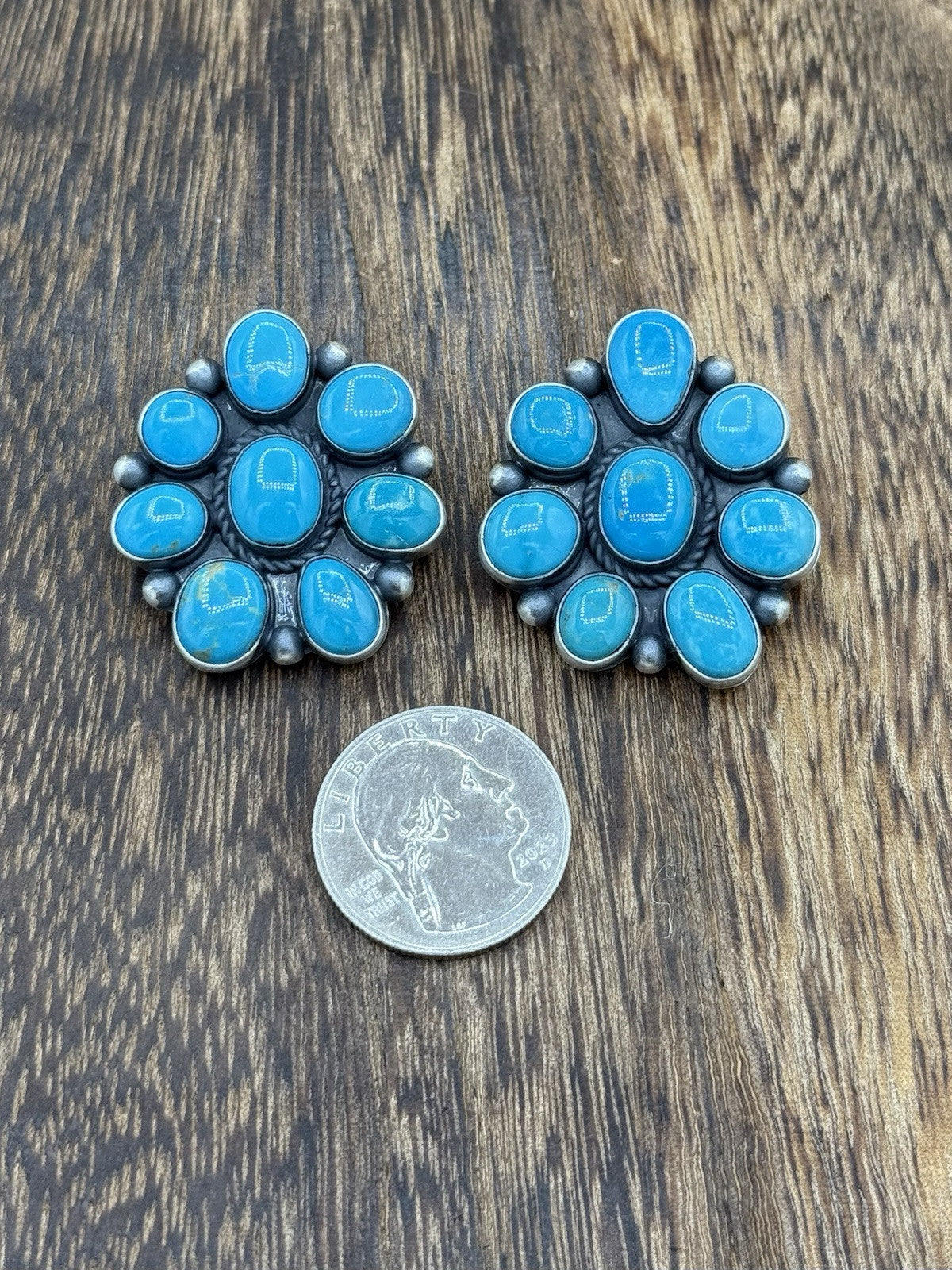 Navajo Handmade Sterling Silver Kingman Turquoise Cluster Earrings Tricia Smith