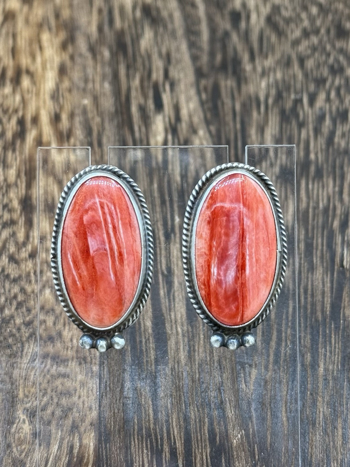 Navajo Handmade Sterling Silver Red Spiny Oyster Post Earrings By Byron Begay