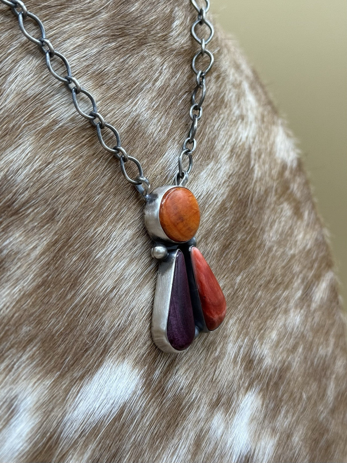 Navajo Handmade Sterling Silver Spiny Oyster Cluster Bar Necklace 18” Tricia S.