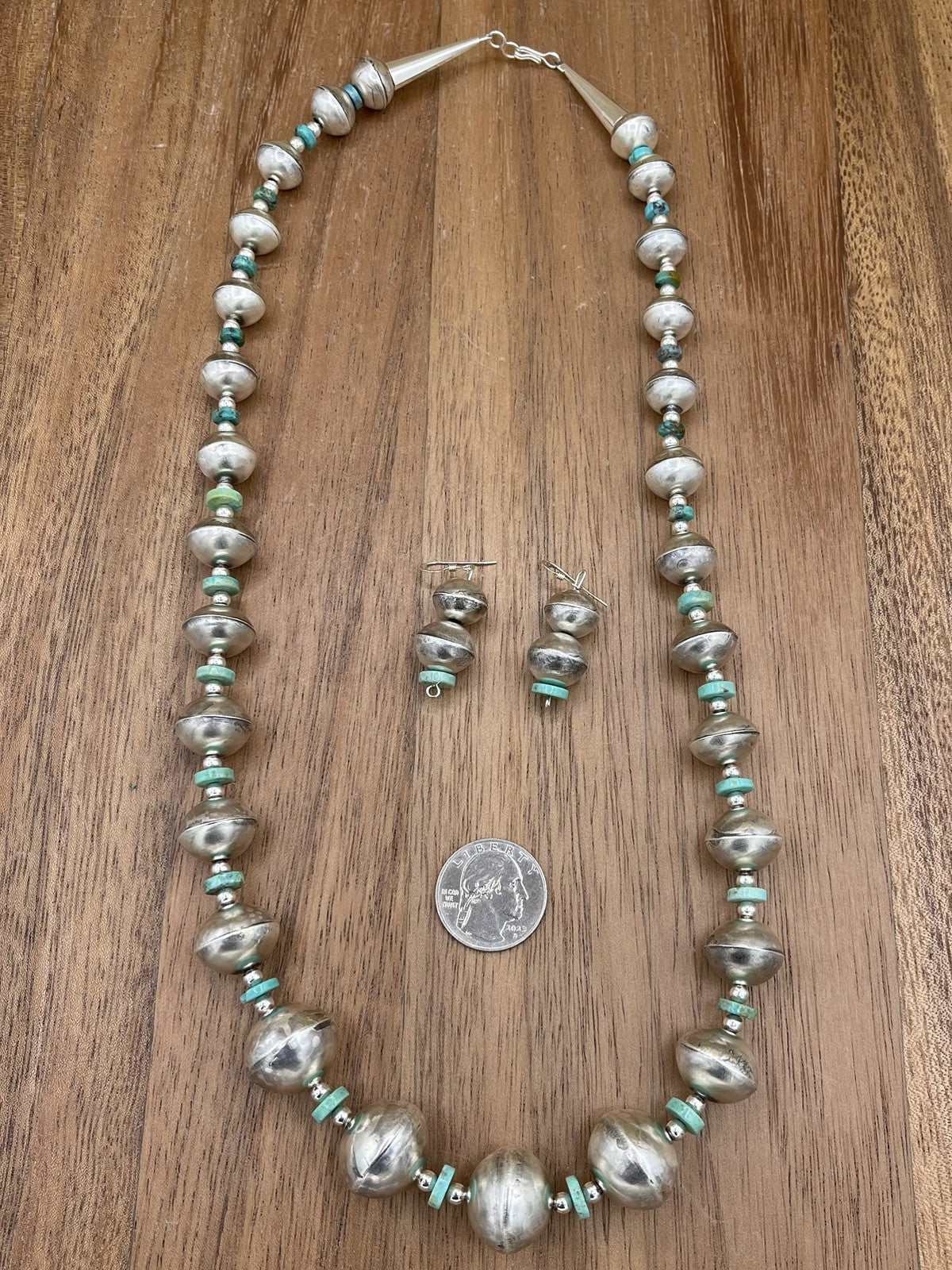 Authentic Native American Navajo Handmade Silver Turquoise Pearl Beads Set