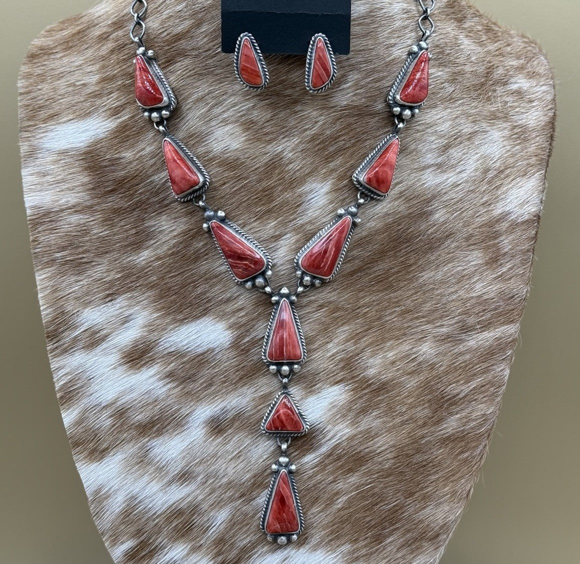 Navajo Handmade Sterling Silver Red Spiny Oyster Shell Lariat Necklace Set 20”