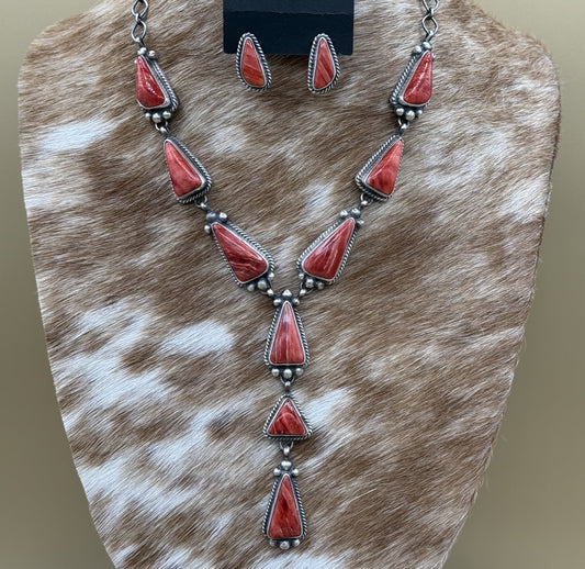 Navajo Handmade Sterling Silver Red Spiny Oyster Shell Lariat Necklace Set 20”