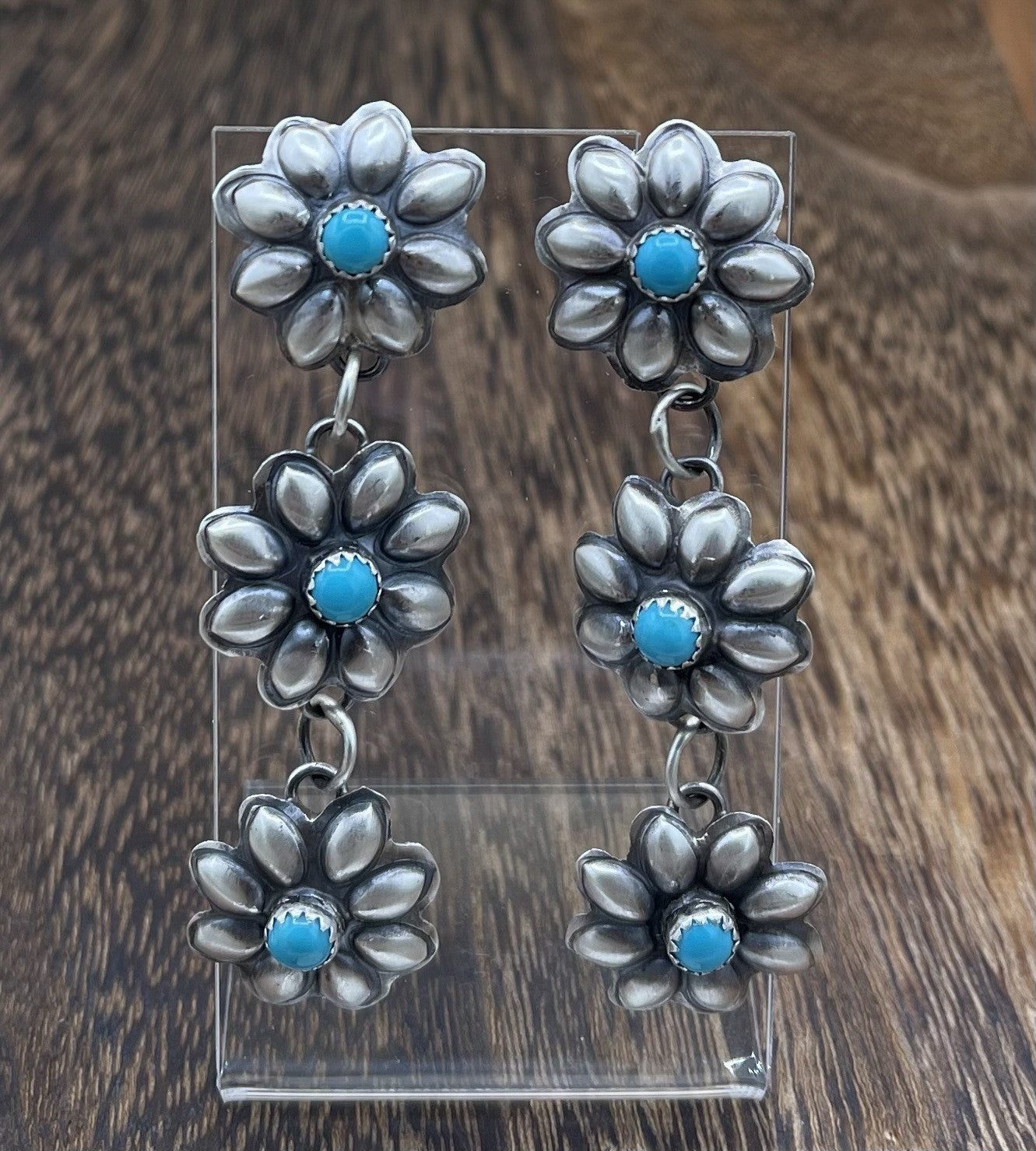 Navajo Handmade Sterling Silver Kingman Turquoise Old Look Concho Earrings G.T.Y