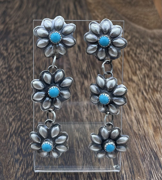 Navajo Handmade Sterling Silver Kingman Turquoise Old Look Concho Earrings G.T.Y