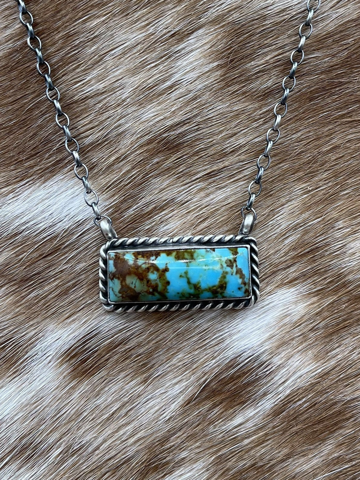 Navajo Handmade Sterling Silver #8 Turquoise Bar Necklace 18” by Augustine Largo