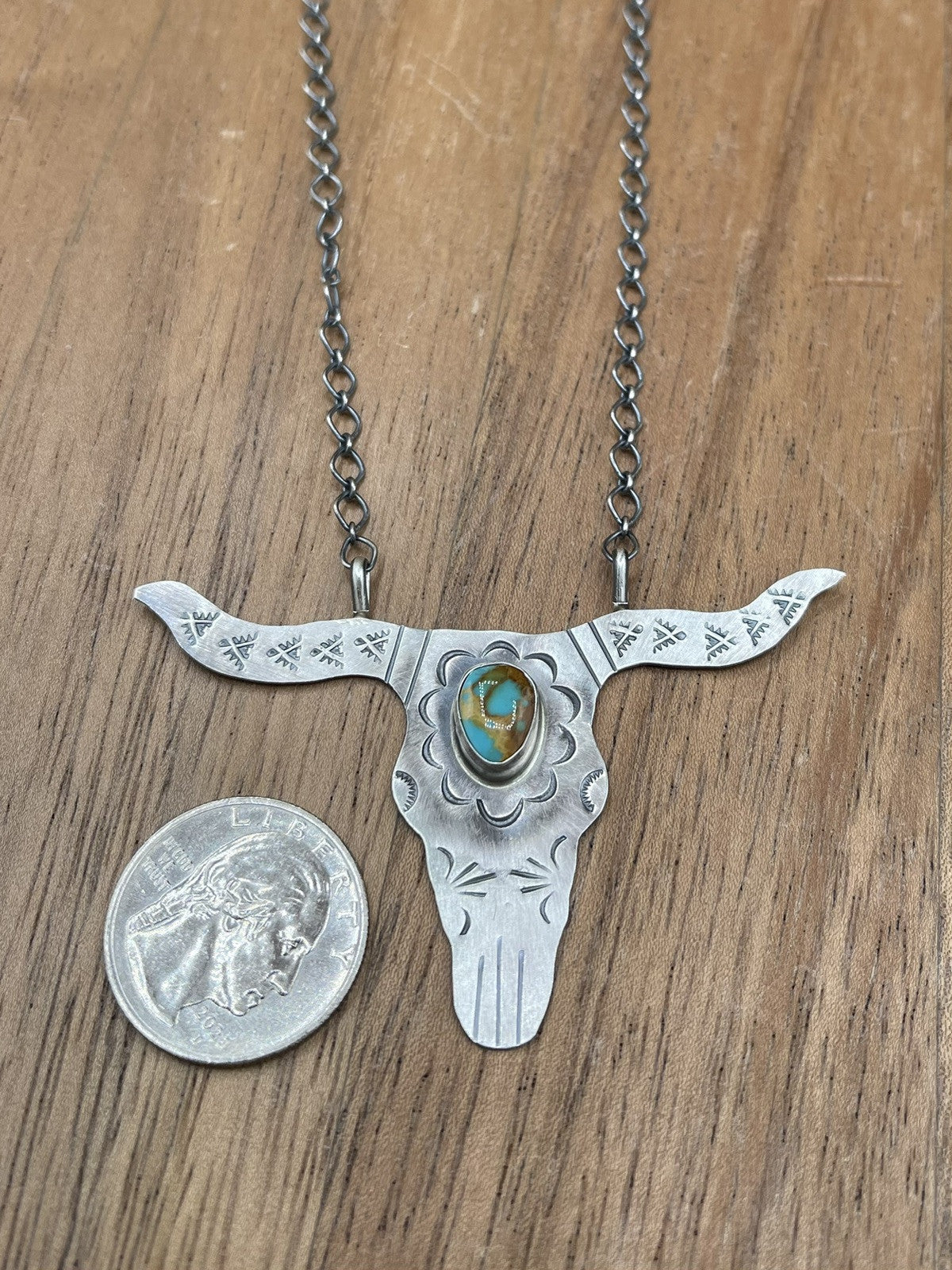 Navajo Handmade Sterling Silver Kingman Turquoise Longhorn Necklace By Betta Lee